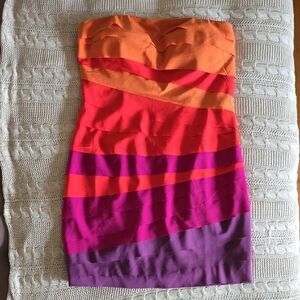 Ark & Co Strapless Colorblock Bodycon Dress in Orange, Fushia & Purple